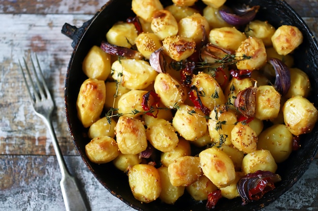 Apetitosas papas al horno enteras en una sartén. Patata al horno rústica con ajo, hierbas y especias.