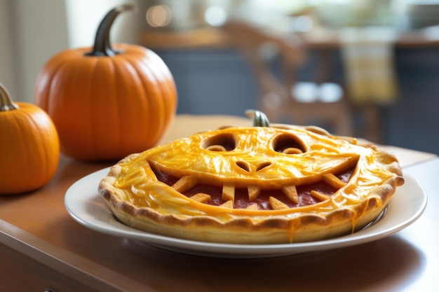 Apetitoso bolo de abóbora doce decorado como jackolantern para Halloween colocado na mesa com abóboras