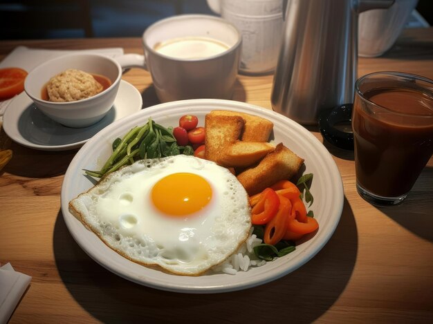 Apetitoso café da manhã com torrada de legumes de ovos fritos e suco