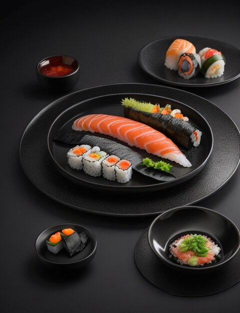 Apetitoso conjunto de sushi em um prato preto sobre uma mesa preta