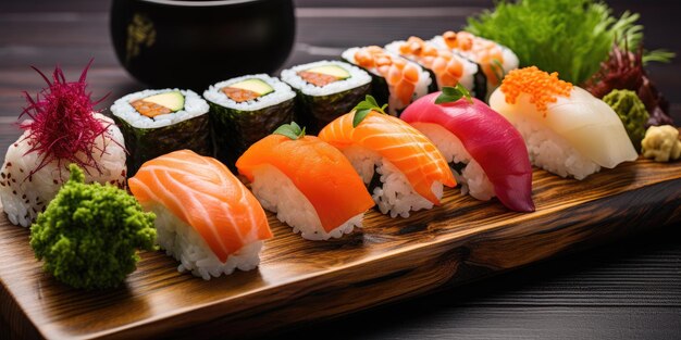 Apetitoso conjunto de diferentes tipos de sushi y rollos sobre una tabla de madera IA generativa