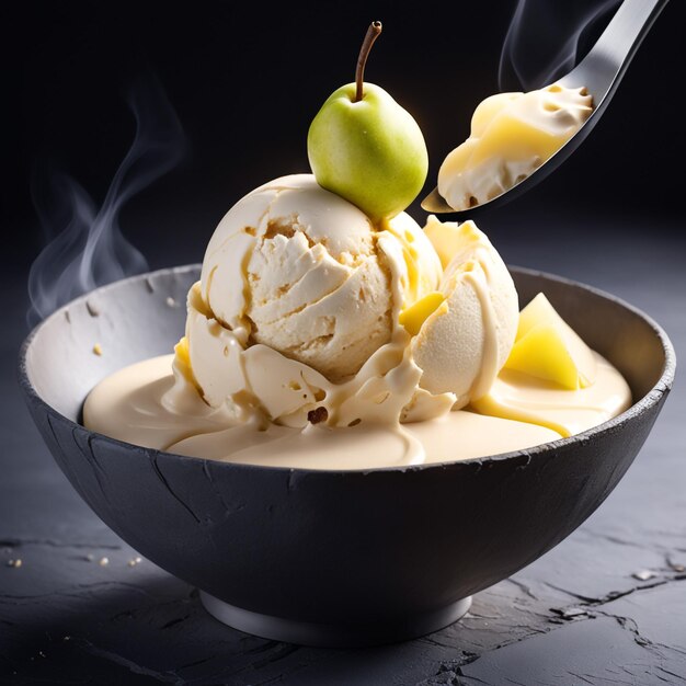 Apetitoso helado natural cremoso y de pera decorado con pera y servido en humo sobre una piedra oscura