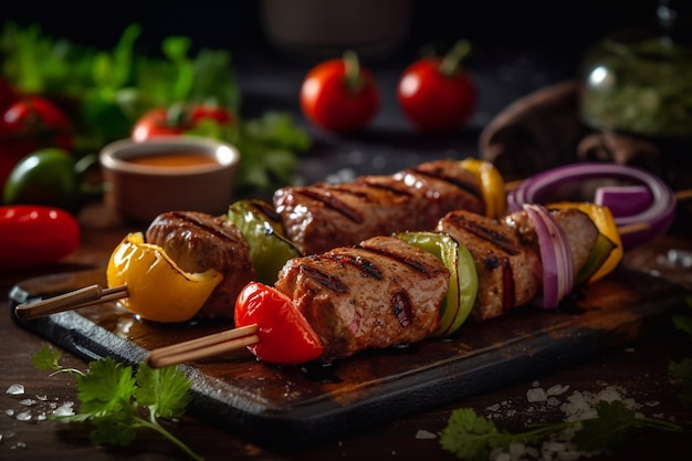 Apetitoso kebab suculento com legumes e ervas Generative AI