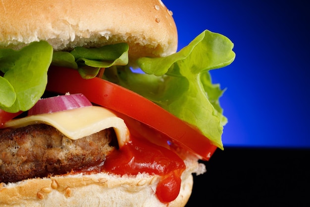 Apetitoso lugar de hamburguesas para hamburguesas con lechuga, tomate, queso y salsa