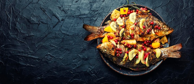 Apetitoso pescado carpa al horno con arándanos, kiwi y mango. Copiar espacio.