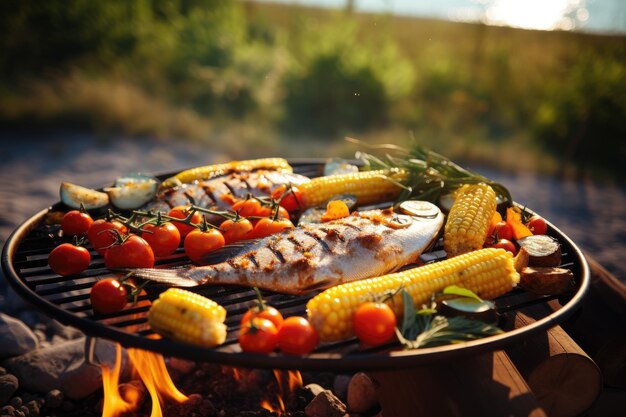 Apetitoso pescado a la plancha con verduras asadas