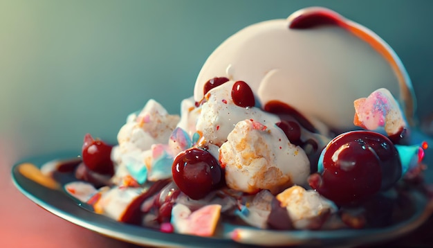 Apetitoso postre con helado con frutas y bayas ilustración 3D