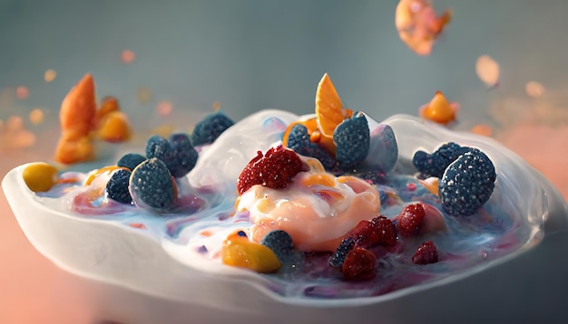 Apetitoso postre con helado con frutas y bayas ilustración 3D