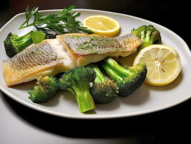 Apetitoso prato de peixe grelhado limão e brócolis