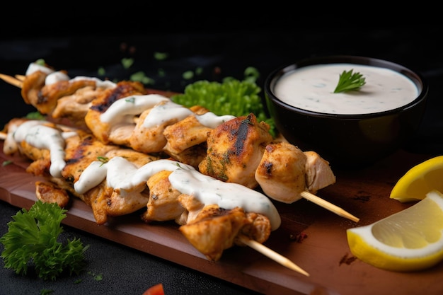 Apetitoso primer plano de brochetas de shawarma de pollo marinadas en una mezcla de yogur, limón y especias