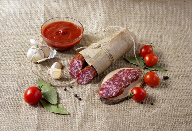 Apetitoso salami en rodajas sobre un paño de lino áspero y tomates cherry