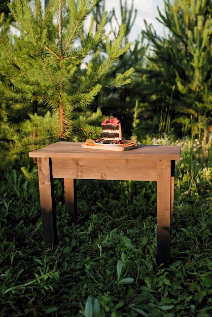 Un apetitoso trozo de pastel decorado con bayas se encuentra sobre una mesa de madera en la naturaleza