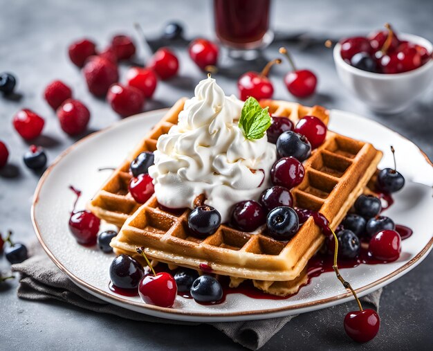 Apetitosos y hermosos gofres con crema batida, cerezas y otras bayas en un plato de postre, foto de comida