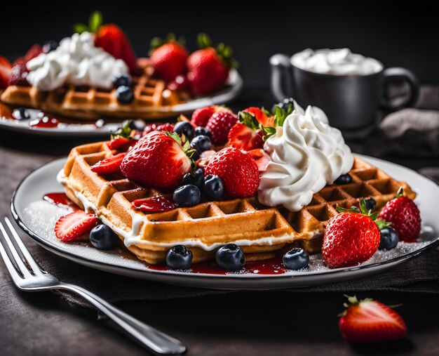 Apetitosos y hermosos gofres con crema batida de fresa y otras bayas en un plato de postre foto de comida