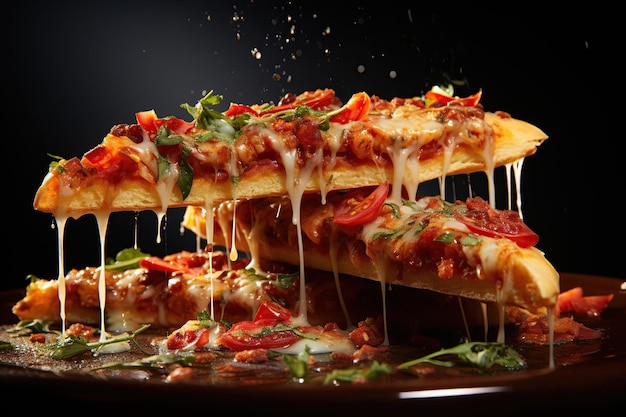 Foto apetizante pizza e pedaços de pizza levitação queijo processado elástico ia generativa