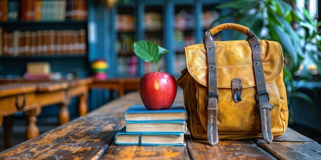 Apfel auf einem Holztisch neben Büchern