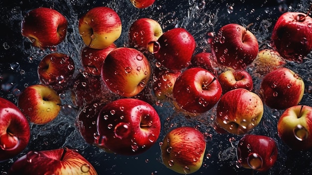 Apfel im Wasser lässt saftige Früchte auf schwarzem Hintergrund fallen