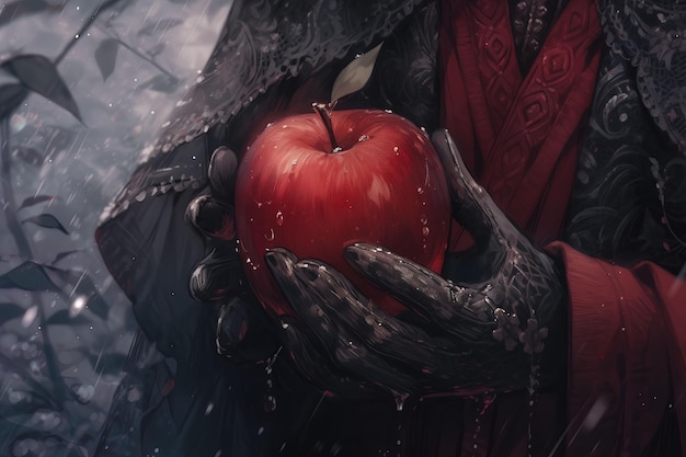 Apfel in der Hand Weibliche Hand hält einen roten Apfel mit Rauch auf dunklem Hintergrund