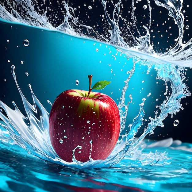 Apfel in einem Spritzer klaren Wassers, natürlicher Hintergrund, von der KI erzeugt