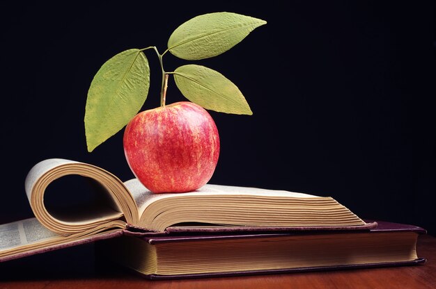 Apfel mit Blättern und aufgeschlagenem Buch auf dem Tisch
