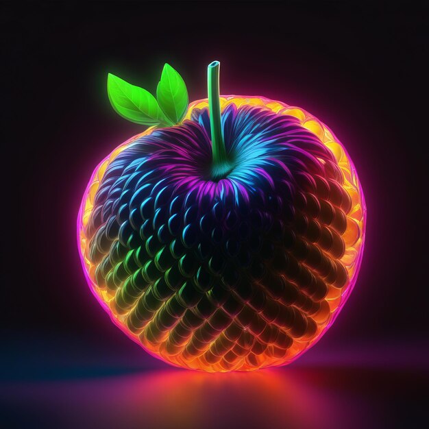 Apfel mit einem Blatt auf schwarzem Apfel mit ein Blatt auf einem schwarzen Neon leuchtenden Neon Apfel 3D-Illustration