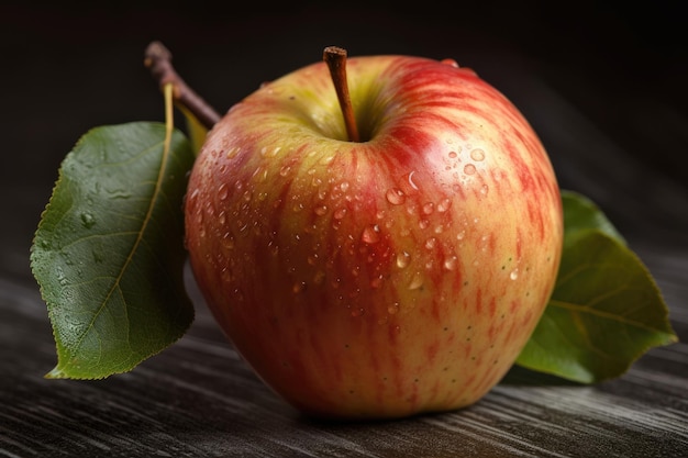 Apfel mit grünem Blatt auf einem Holztisch Generative KI