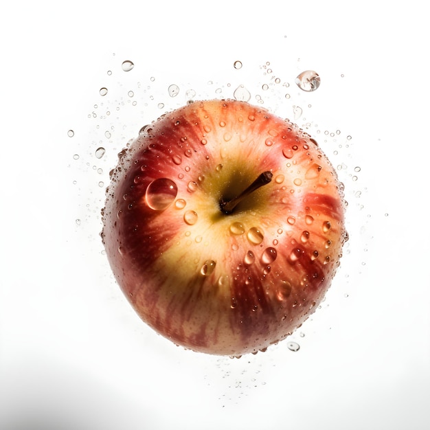 Apfel mit Wasserspritzern auf weißem Hintergrund ai generativ