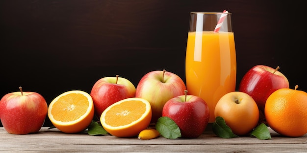 Apfel-Orangen-Saft auf dem Tisch. Frische, reife, appetitliche Früchte in Nahaufnahme auf dem Tisch. Generative KI