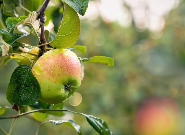 Apfel wächst auf einem Baum im Erntegarten auf ewiger Sonnenerleuchtung mit regnerischem Tag Kopie Raum Hintergrund KI generiert