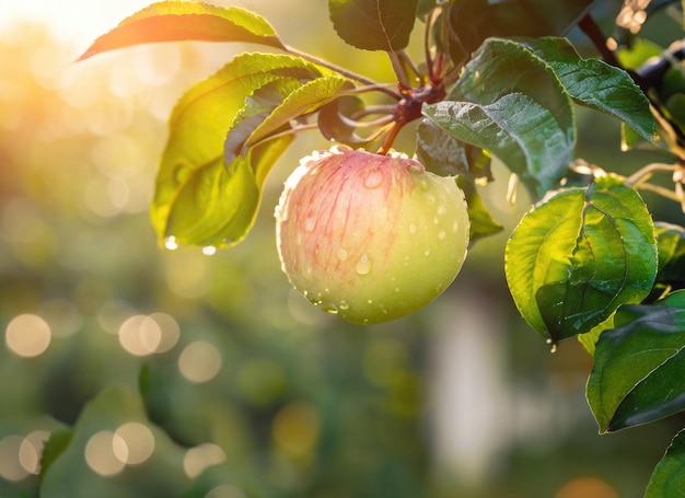 Apfel wächst auf einem Baum im Erntegarten auf ewiger Sonnenerleuchtung mit regnerischem Tag Kopie Raum Hintergrund KI generiert