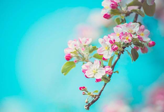 Apfelblüte auf einem Apfelbaum in einem heimischen Garten mit Sonne dahinter Der Fokus liegt im Vordergrund, der Hintergrund ist unscharf