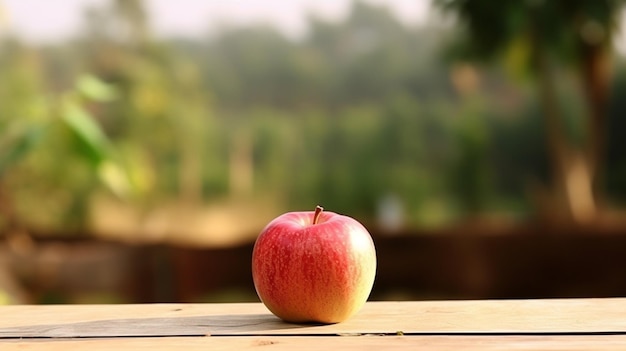 Apfelfrüchte auf einem Holztisch mit verschwommenem Hintergrund aus einer Apfelplantage Generative Ai