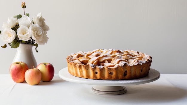 Apfelkuchen auf dem Teller und Äpfel auf dem Tisch