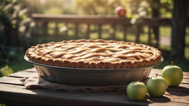 Apfelkuchen auf einem Holztisch im Sommergarten frisch gebackenes hausgemachtes Essen