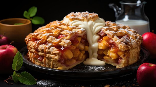 Foto apfelkuchen mit geschnittenen äpfeln auf einem teller mit unscharfem hintergrund