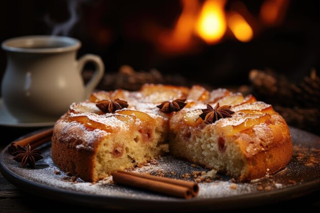 Apfelkuchen mit Zimt und Puderzucker auf Holztisch generativ IA