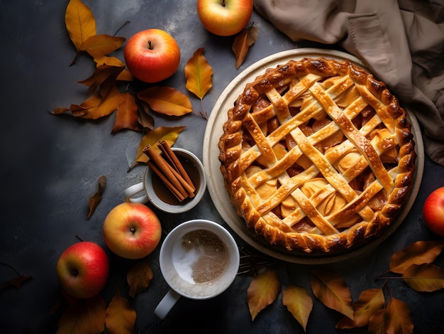 Apfelkuchen, umgeben von Tee und Herbstblättern