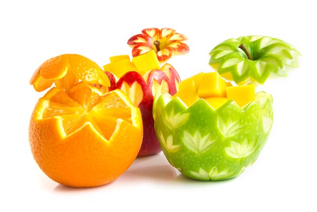 Apfelrot, Grün und Orange drei für Obst geschnitzt