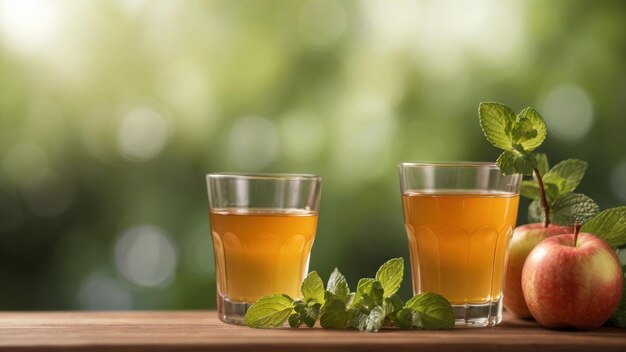 Foto apfelsaft in einem glas mit apfelminzblättern auf verschwommenem hintergrund perfekt für die textplatzierung