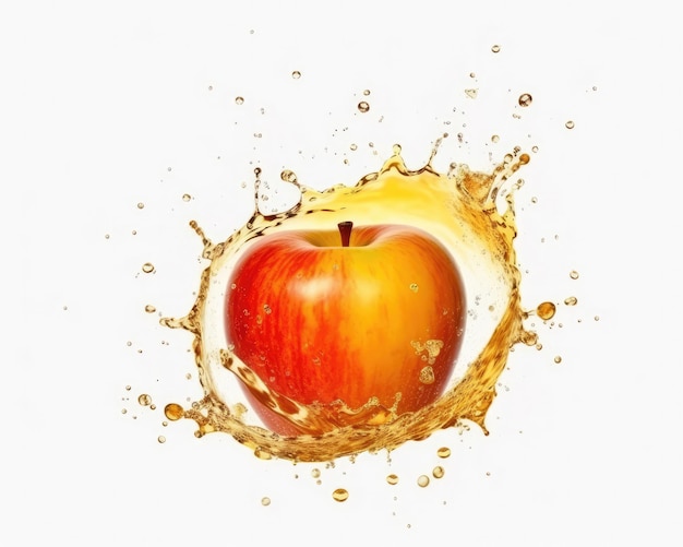 Apfelsaft mit Spritzern mit Apfelfrüchten in isolierter Studioaufnahme mit weißem Hintergrund