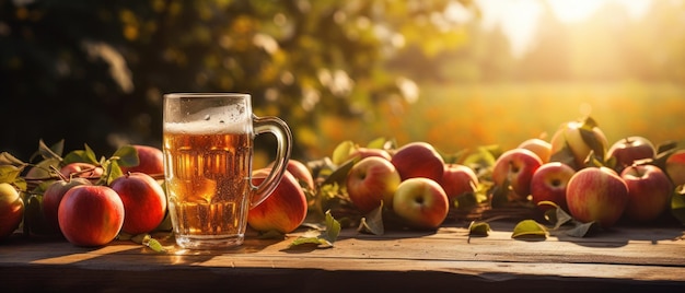 Apfelwein auf dem Tisch mit Äpfeln