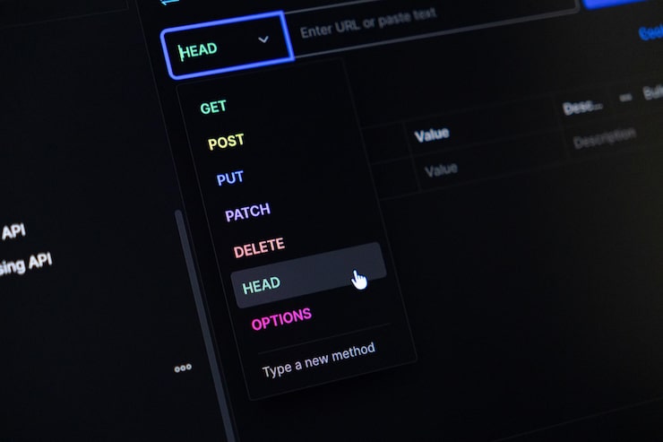 Foto api development interface displaying http methods like get post delete head and options with a mouse cursor selecting head for web service programming