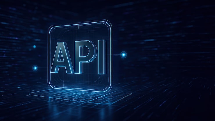 Foto api glows in 3d metallic text framed by data streams showing application programming interface scene seamless api programming connection
