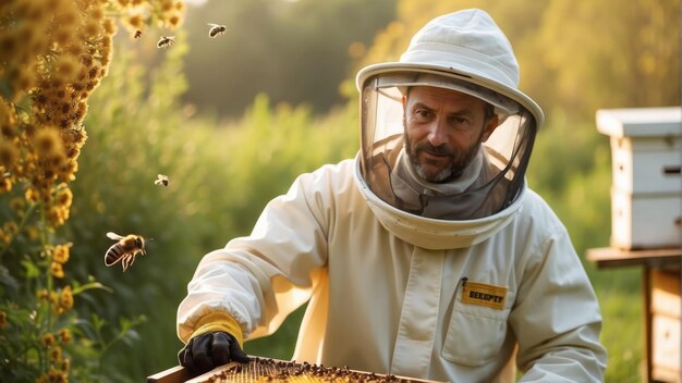 Apicultor en el apiario abejas campo fotografía profesional