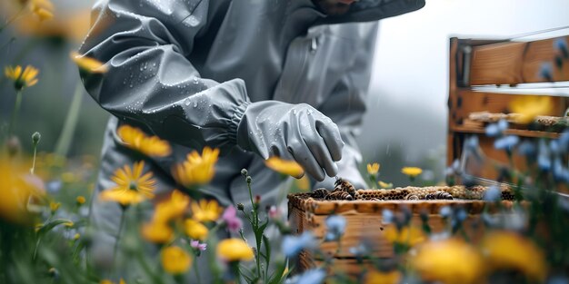 Foto apicultor cuida da colmeia em impermeável entre flores silvestres coloridas durante a chuva conceito fotografia da natureza apicultura flores silvestres dia chuvoso pelote de chuva colorido