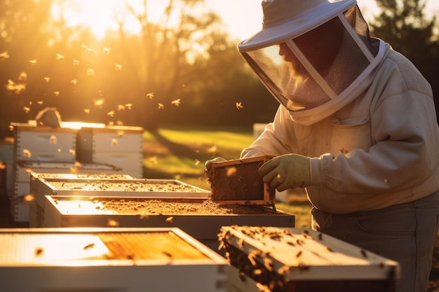Un apicultor dedicado inspeccionando el marco de la colmena en medio de abejas voladoras bañadas en el cálido resplandor del sol poniente