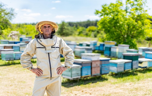 Apicultor disfrazado trabajando en colmenar Cultivo de miel dulce de verano