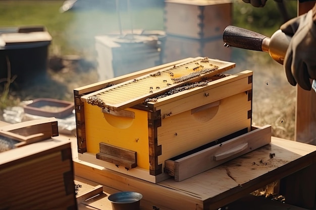 Apicultor en guantes protectores usando fumador de abejas mientras trabaja en apiario con colmena Ai generativo