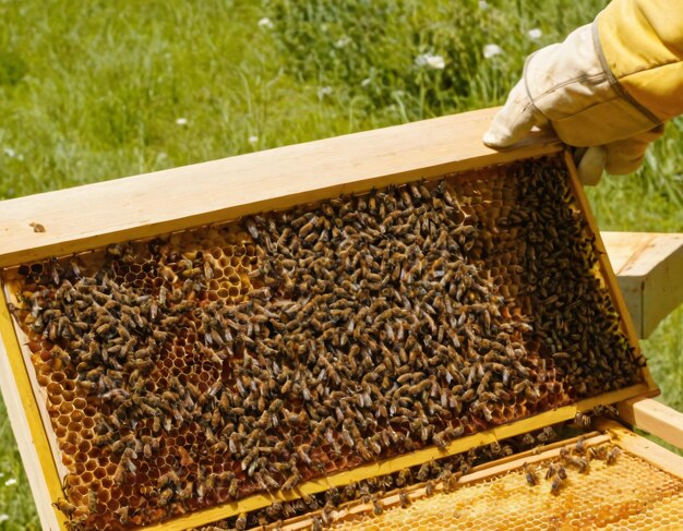 Foto un apicultor está inspeccionando una colmena con abejas en ella