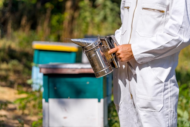 El apicultor masculino sostiene el nuevo fumador de abejas de acero en las manos. Hombre con traje de protección blanco. Foto recortada con enfoque selectivo en un fumador de abejas.